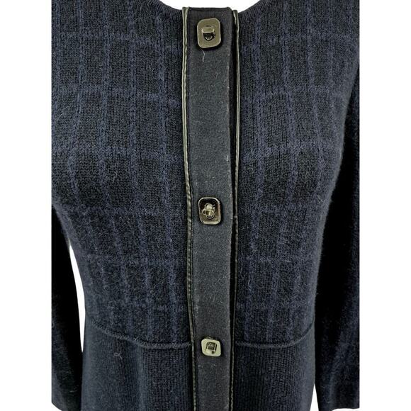 Tory Burch $598 Navy Wool Alpaca Windowpane Knit Long Sweatercoat Cardigan Sz L - Picture 2 of 7